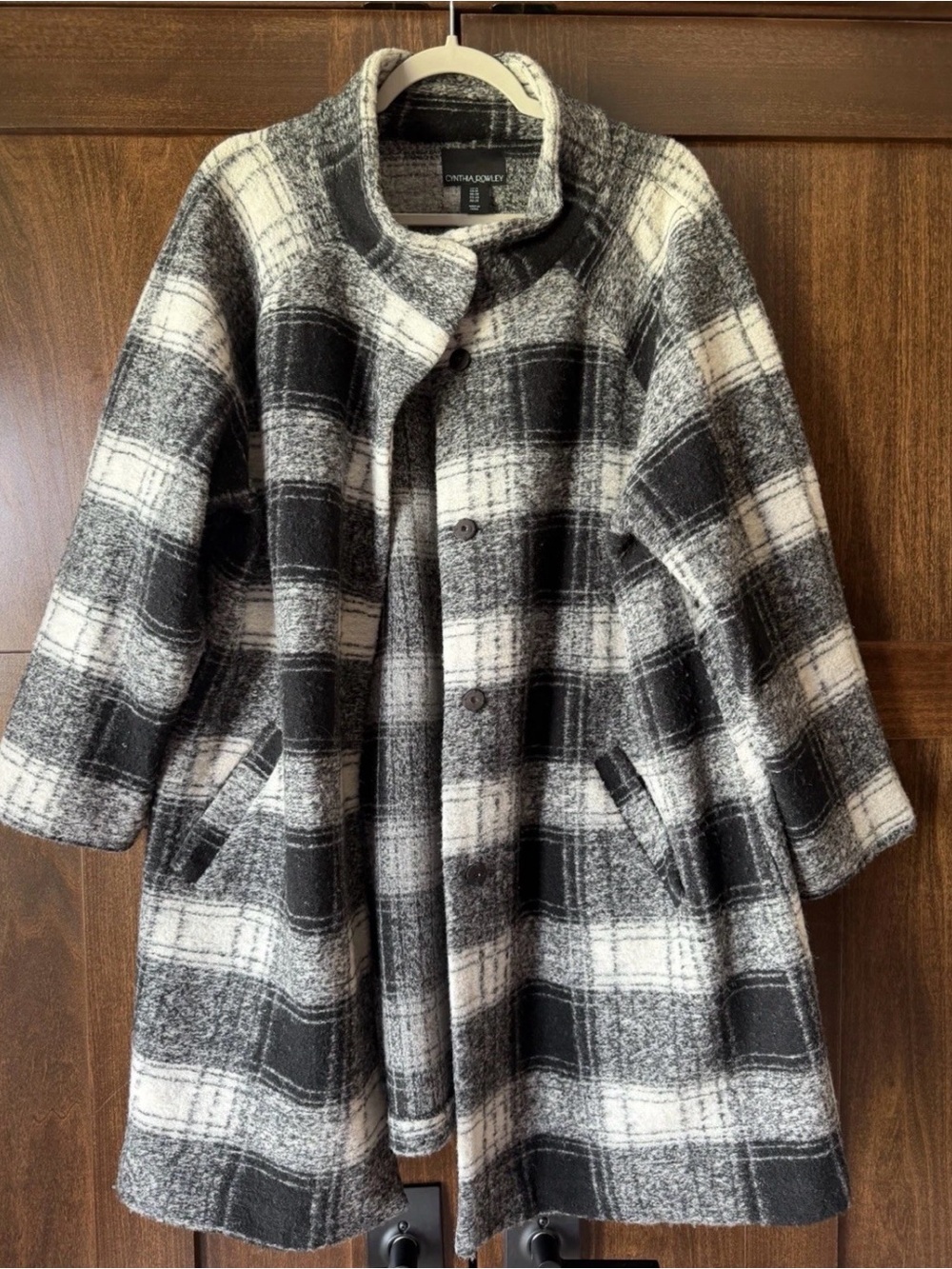 Cynthia Rowley Women's Plaid Coat Button Pockets Plus 1X Black Gray White